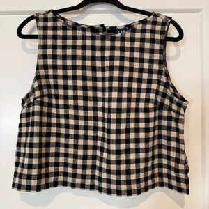 GAP Womens Sleeveless Blouse Black Tan Gingham Plaid Button Back Linen‎